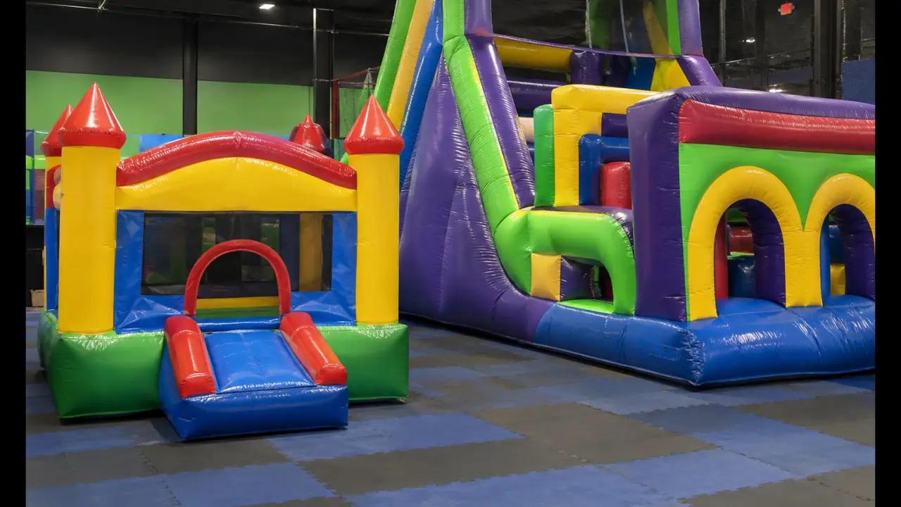 家族向けエンターテインメントセンター内の、幼児用インフレータブルバウンスキャッスルとより高い障害物コースユニット