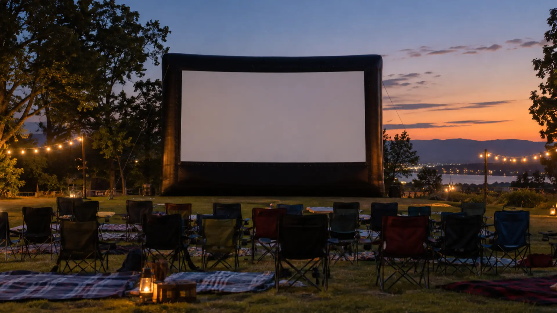 large inflatable outdoor movie screen set up at dusk with rows of empty lawn chairs facing it