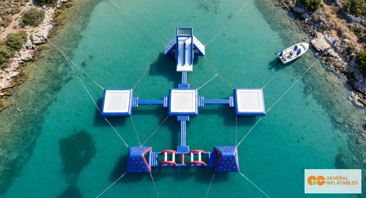 囲まれた湾に設置されたモジュラー型インフレータブル・ウォーターパークの空撮、独立したモジュール群が明確に見える