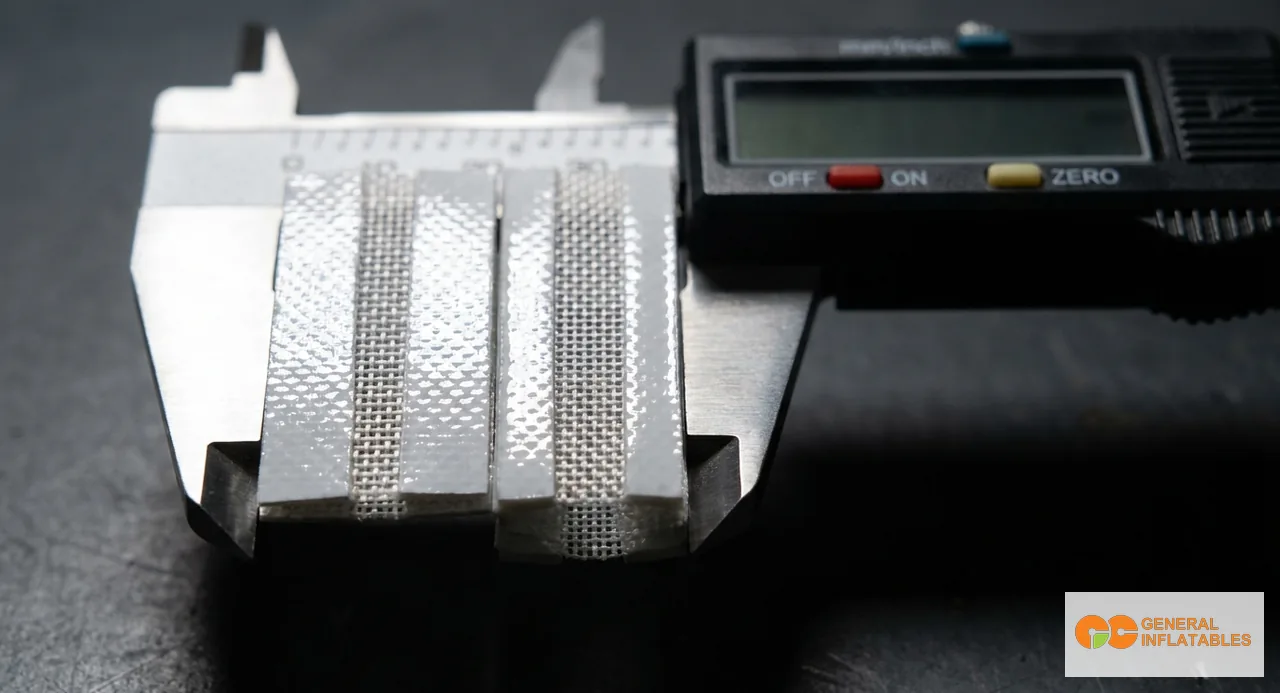1000Dと1100DのPVCターポリンサンプルの断面を並べて表示し、スクリム層の違いとデジタルノギスで測定したコーティング厚を示した画像