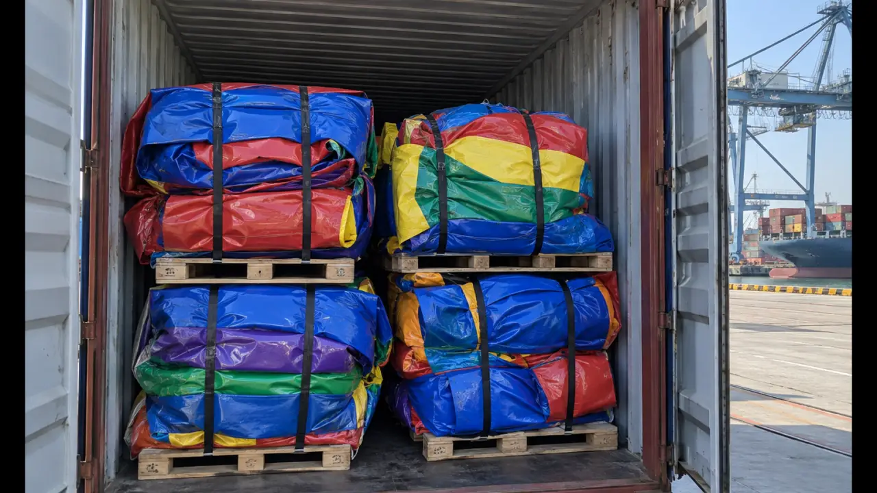 Folded commercial inflatables packed on pallets inside a shipping container at a port