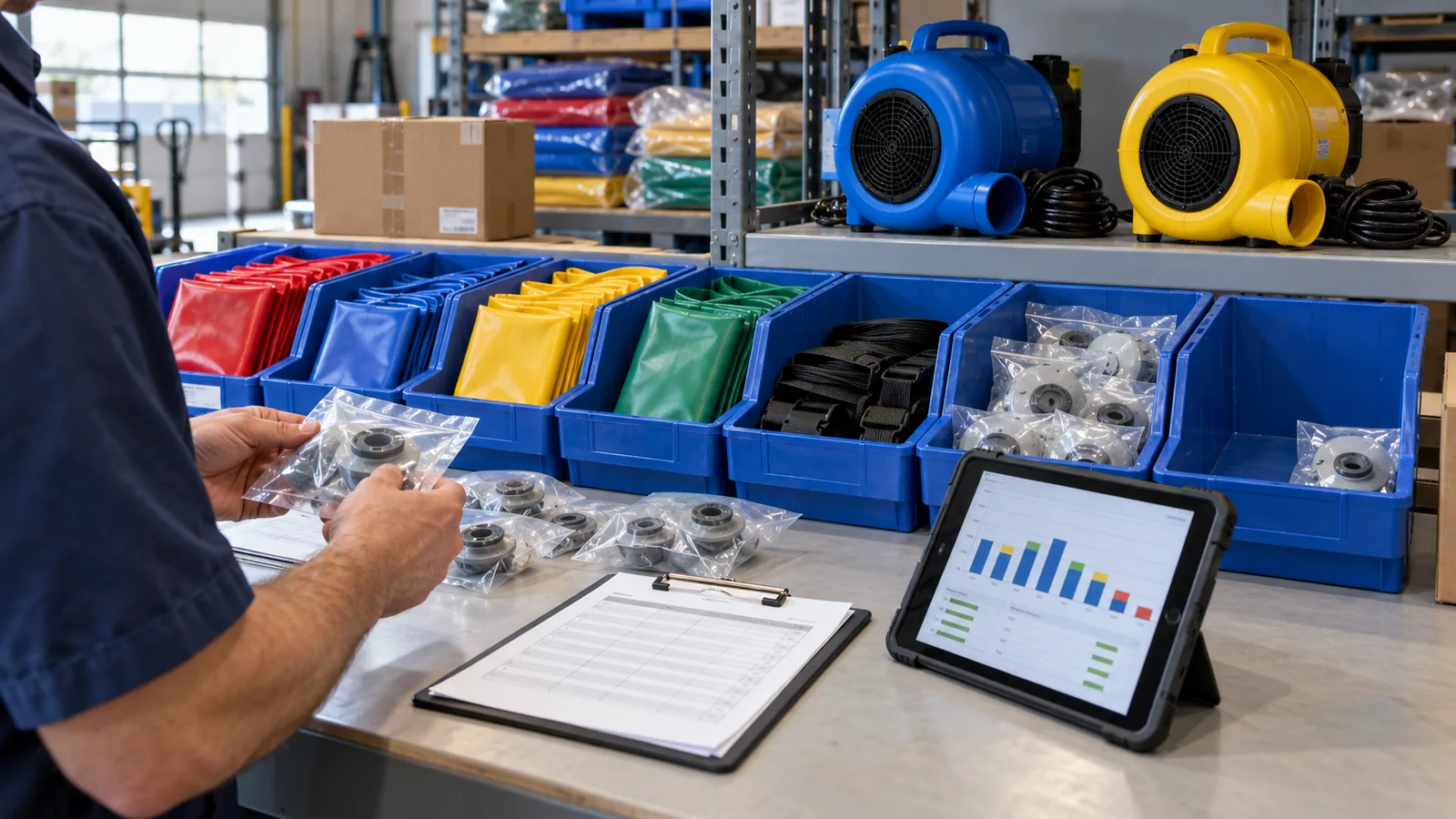 Concept illustration of organized inflatable spare parts and a warehouse stock review